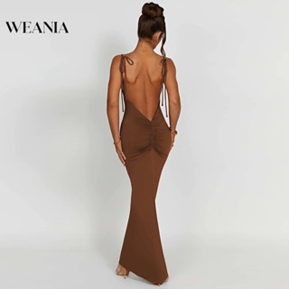 Weania ชุดเดรส แบบจับจีบ เปิดหลัง เซ็กซี่ สีพื้น เข้ารูป สําหรับผู้หญิง