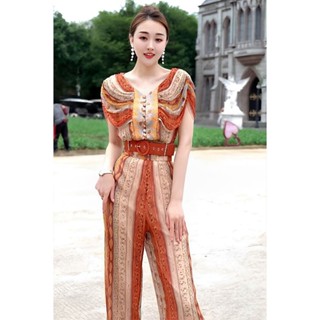 Influencer 2023 Royal Sister Fried Street Top หรูหรา ระดับไฮเอนด์ สไตล์ชนเผ่า v-Neck เสื้อเชิ้ต สองชิ้น กางเกงสูท ผู้หญิง ฤดูร้อน (