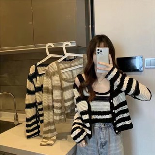 054 เซตสายเดี่ยวไหมพรม+เสื้อคลุมทอลายทาง ใส่จับคู่แมตช์ปังๆ 🧶