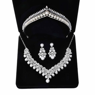 [0511]HG 2023 New Bridal Necklace Three-Piece Earrings Set Pearl Headdress Crystal Crown Bridal Wedding Dress Cross-Border Sold Jewelry 0SLN