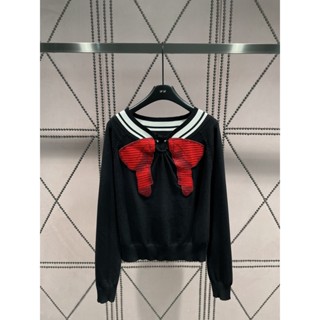 PMYQ MIU MIU 2023 College Style label letter bow shoulder design aging all-match knitted top