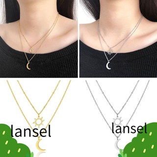 LANSEL จี้สร้อยคอสแตนเลสแฟชั่นหลายชั้นดวงอาทิตย์โทเท็มดวงจันทร์เชื่อมโยงโซ่สําหรับผู้หญิง