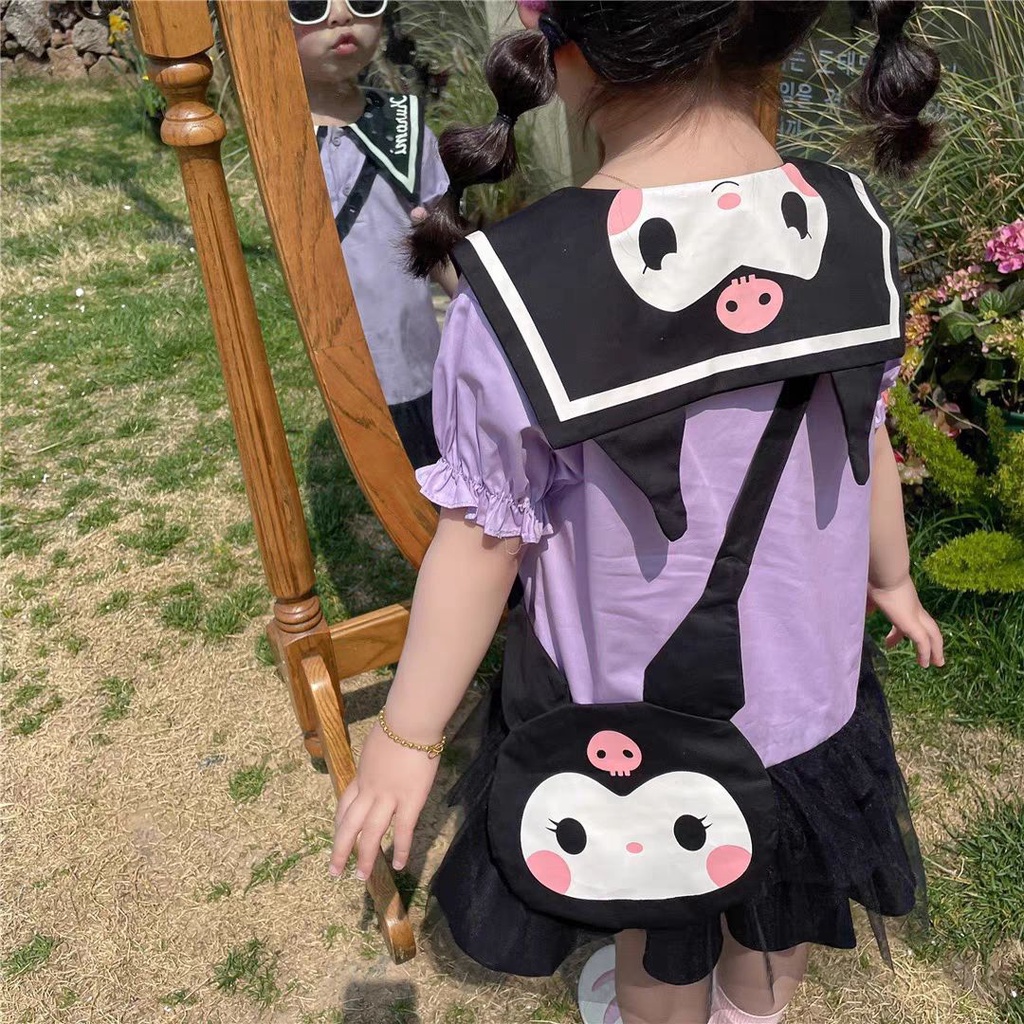 Kuromi ชุดเดรสแขนสั้น ลายการ์ตูนคุโรมิ สีม่วง สไตล์ญี่ปุ่น 8.9