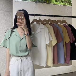 เสื้อเชิ้ตแขนสั้น สีพื้น เข้ากับทุกการแต่งกาย แฟชั่นฤดูร้อน สําหรับผู้หญิง