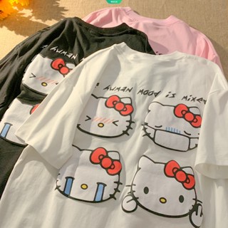 ใหม่ เสื้อยืดแขนสั้น พิมพ์ลาย Hello Kitty ทรงหลวม ใส่สบาย แฟชั่นฤดูร้อน สําหรับผู้หญิง และนักเรียน 2023