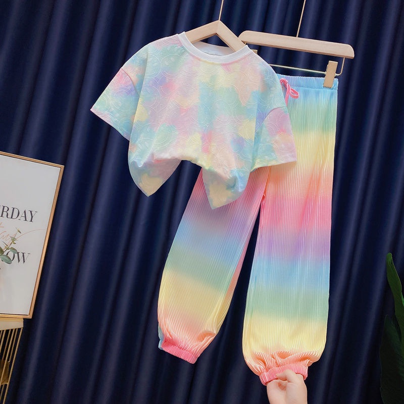 [ML] เสื้อแขนสั้น กางเกงขายาว ลายรุ้ง ทรงหลวม เข้ากับทุกการแต่งกาย แฟชั่นฤดูร้อน สําหรับเด็กผู้หญิง 90-160 ซม.