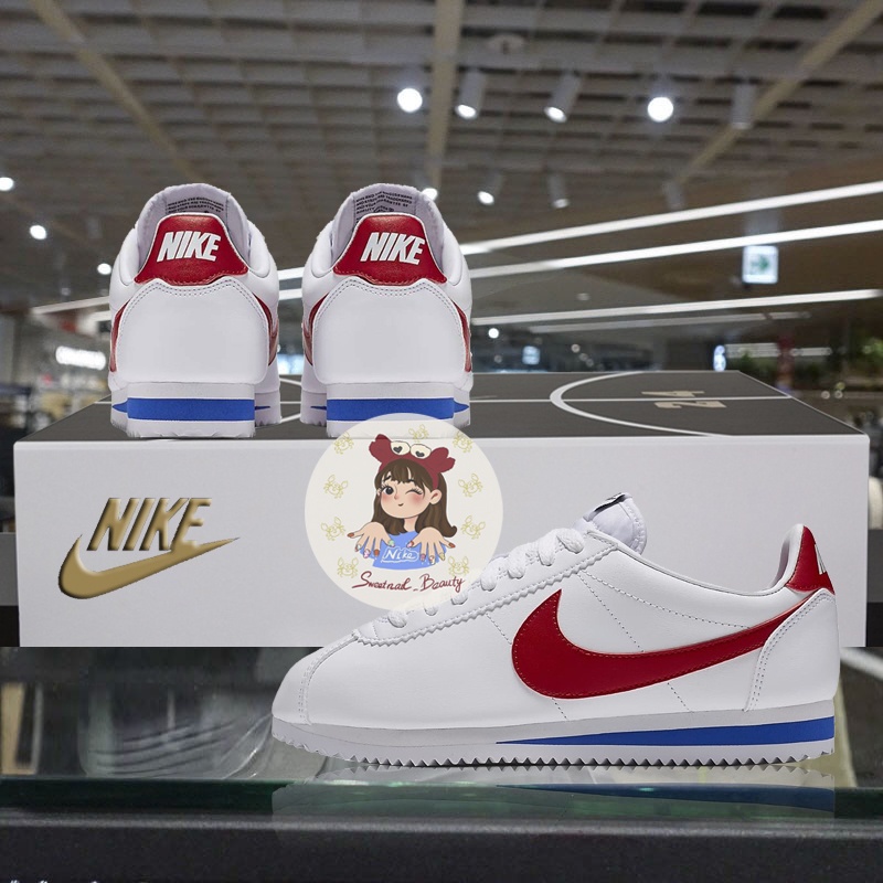 Nike CLASSIC CORTEZ LEATH Forrest Gump รองเท้าผ้าใบ ลําลอง สีขาว แดง น้ําเงิน ดํา สําหรับสตรี 807471-101-103