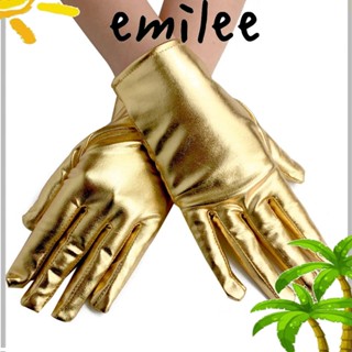 Emilee ถุงมือหนังสั้น โกธิค สีทอง สีเงิน คลับแวร์ ถุงมือแฟชั่น การแสดงบนเวทีที่สดใส ถุงมือคอสเพลย์