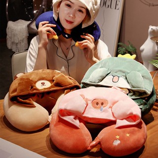 Family Shorage หมอนรองคอมีฮู้ด Hoodie U Shape Travel Pillow Head Chin Support for Home Car Seat Office