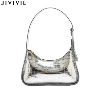 JIVIVILกระเป๋าใต้วงแขนสีเงินของผู้หญิงระดับ high-end กระเป๋าบาแก็ตต์เฉพาะไหล่