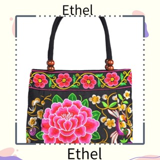 Ethel1 กระเป๋าถือ ผ้าแคนวาสถัก ปักลายดอกไม้ สไตล์เรโทร จุของได้เยอะ สําหรับผู้หญิง