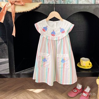 Korean childrens wear colorful striped sailboat embroidered girls dress 2023 Summer Navy style sleeveless baby dress L0XU