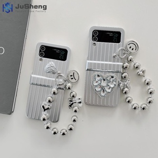 Jusheng เคสโทรศัพท์มือถือ ชุบเงิน พร้อมตัวยึด และสายโซ่คล้อง สามชิ้น สําหรับ Samsung Z Flip4 Z Flip3