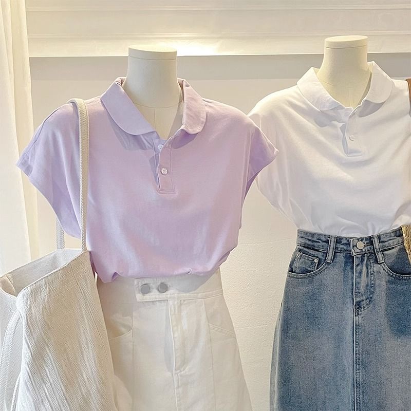 ฤดูร้อนใหม่ผ้าฝ้ายแขนสั้นปลอกคอตุ๊กตาสีทึบเสื้อยืดผู้หญิง