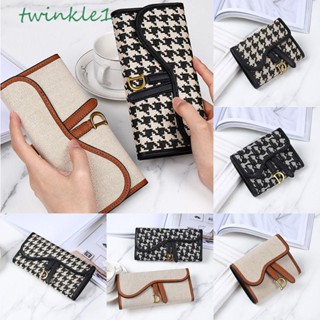 Twinkle1 กระเป๋าสตางค์ ผ้าแคนวาส หนัง PU ใบสั้น พิมพ์ลายตัวอักษร D Houndstooth สไตล์เกาหลี แบบพกพา กลางแจ้ง