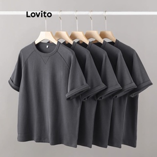 Lovito เสื้อยืดลําลอง ผ้าฝ้าย แบบเรียบ สําหรับผู้หญิง LNE18053 (สีเทาเข้ม)