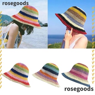 Rosegoods1 หมวกฟางถัก กันแดด สีรุ้ง พับได้ ป้องกันรังสียูวี สําหรับวันหยุด ชายหาด