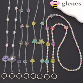 Glenes สายโซ่คล้องโทรศัพท์มือถือ ประดับลูกปัด ลายดอกไม้ หมีน้อยน่ารัก สีแคนดี้ สําหรับคล้องคอโทรศัพท์มือถือ