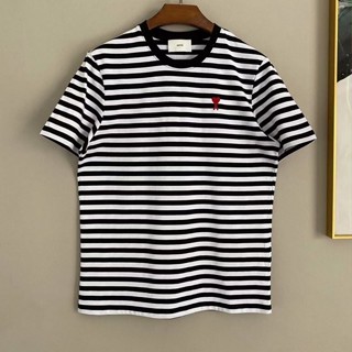 FV3S AMI spring and summer new red small love Embroidered striped T-shirt men and women couple loose casual short sleeve top