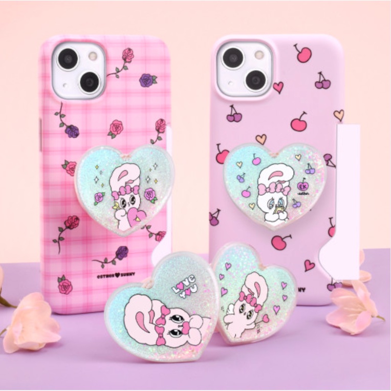 Esther bunny - card slot hard case + Heart glitter griptok set compatible for iphone 14 13 12 11 pro max s22 s21 s20 ultra plus pattern pink