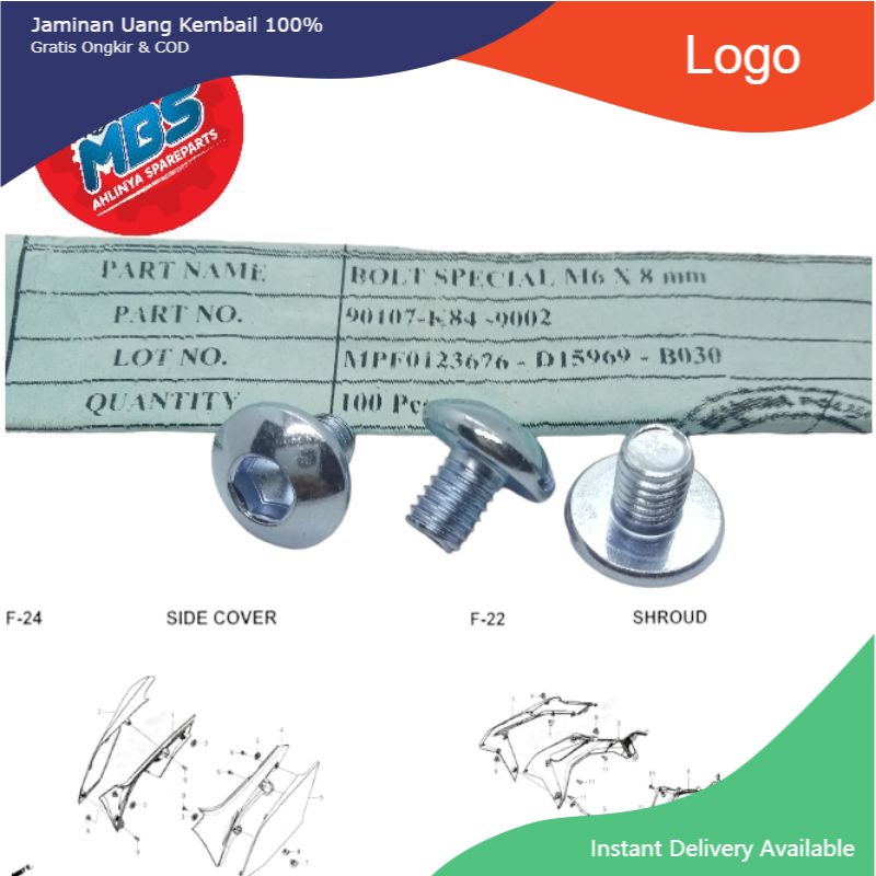 ZKy01 BOLT พิเศษ M6 8 mm 90107-K84-9002 BOLT 10 L 5 0.8CM TANK BODY COVER HONDA CRF 150 ORIGINAL