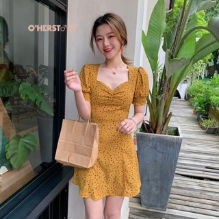 เดรสลายดอกไม้ ชุดเดรสีเหลืองคัสตาร์ด ชุดเดรสกระโปรงน่ารักๆ ใส่บาย  เนื้อผ้าไม่ร้อน สินค้าราคาถูก สินค้าพร้อมส่งส