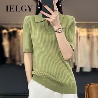 IELGY เสื้อสเวตเตอร์ถัก แขนสั้น คอปกโปโล ผ้าไหม ทรงสลิมฟิต สําหรับผู้หญิง