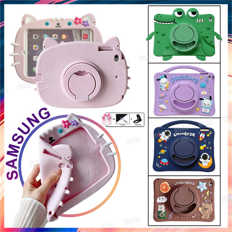 เคสแท็บเล็ต ซิลิโคนนิ่ม กันกระแทก ลายการ์ตูนแมวน่ารัก 3D หมุนได้ 360 องศา พร้อมขาตั้ง สําหรับ Samsun