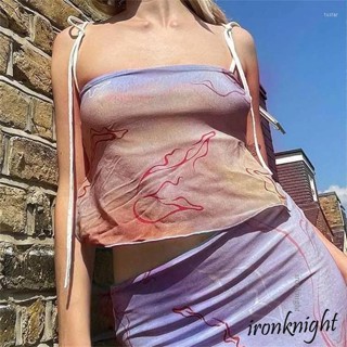 Ironknight- เสื้อสายเดี่ยว แขนกุด คอสี่เหลี่ยม พิมพ์ลายมัดย้อม สําหรับผู้หญิง