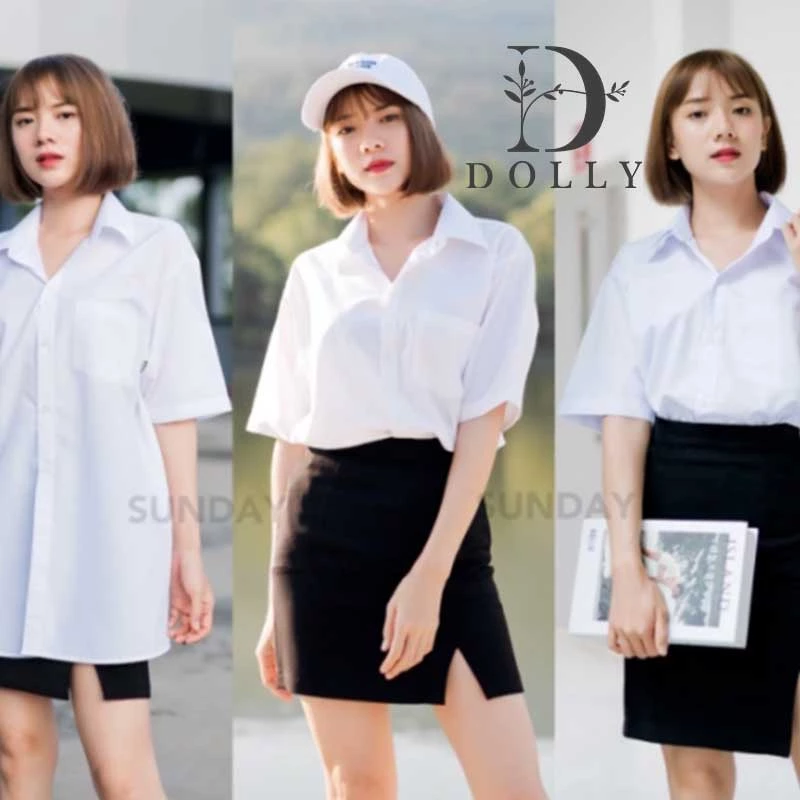 เสื้อนักศึกษาทรงบอย ทรงบอยแขนสามเหลี่ยม เสื้อเชิ้ตแขนสั้นสีทึบ พร้อมส่ง