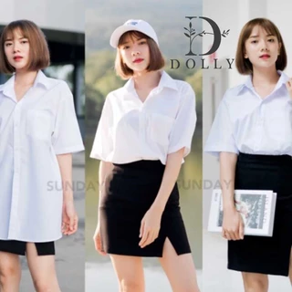 เสื้อนักศึกษาทรงบอย ทรงบอยแขนสามเหลี่ยม เสื้อเชิ้ตแขนสั้นสีทึบ พร้อมส่ง