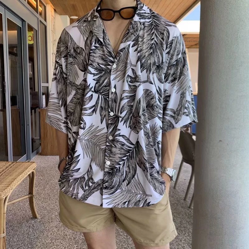 EHeach เสื้อเชิ้ตฮาวายลายดอกไม้แขนสั้นผู้ชาย