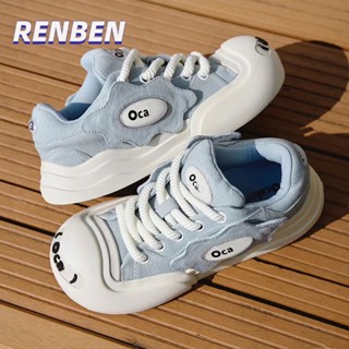 RENBEN น่าเกลียดน่ารักรอบหัวลูกไม้ขึ้นผ้าใบใหม่หนา soled ต่ํา- ด้านบนเปิดรอยยิ้มทุกตรงกับผู้หญิงรองเท้าสีขาวผู้หญิง