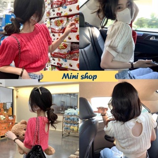 Mini shop🌸พร้อมส่ง🌸 (E238New) เสื้อไหมพรมแขนสั้นคอกลม ดีเทลลายเปีย -C