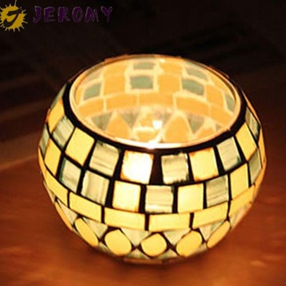 JEROMY European Candlestick Mosaic Home Decor Candle Holder Tea Light Centerpiece Moroccan Style Glass Tabletop Votive Candle Jar