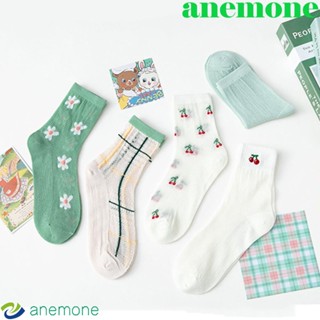 Anemone ถุงเท้าผ้าตาข่ายใสลายดอกเชอร์รี่สีเขียวสไตล์เกาหลี