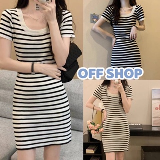 OFF SHOP พร้อมส่ง (OFF-88617) ชุดเดรสไหมพรมแขนสั้น ดีเทลายทางคอกลมน่ารัก -C