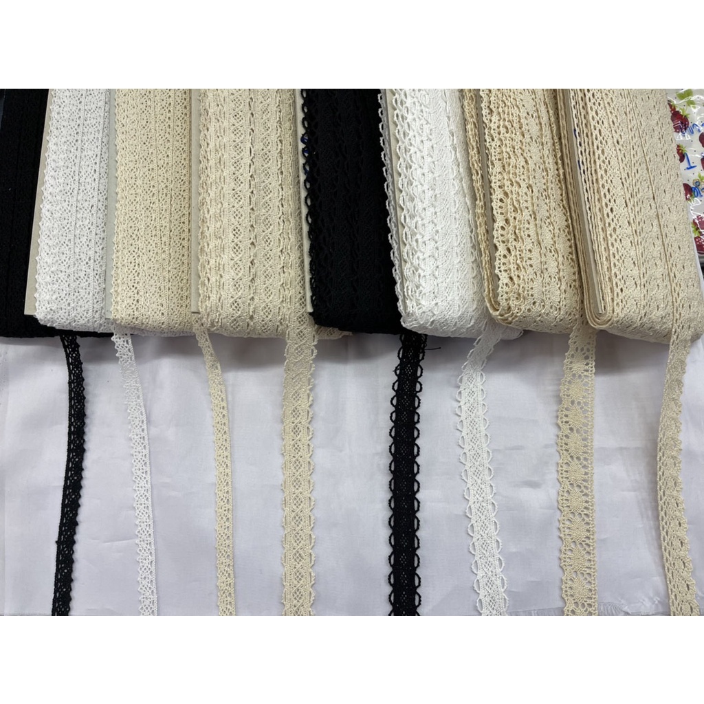 ลูกไม้ฝ้าย ลูกไม้ผ้าดิบ ริบบิ้น ลูกไม้โครเชต์ สีเบจ สีขาว สีดำ DIY ทำด้วยมือ งานแต่งงาน ปาร์ตี้ งานฝีมือ ห่อของขวัญ