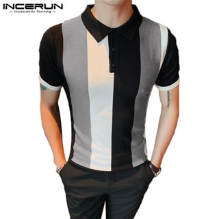 Incerun เสื้อโปโล แขนสั้น ผ้าถัก พิมพ์ลาย สีตัดกัน