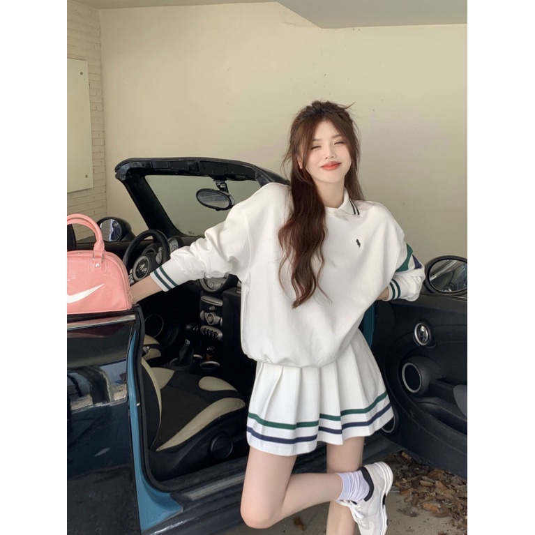 เสื้อแจ็กเก็ตโปโล แขนยาว คอปก ทรงหลวม ลายทาง สีขาว แฟชั่นฤดูใบไม้ร่วง สไตล์อเมริกันเรโทร สําหรับผู้หญิง 2SLZ