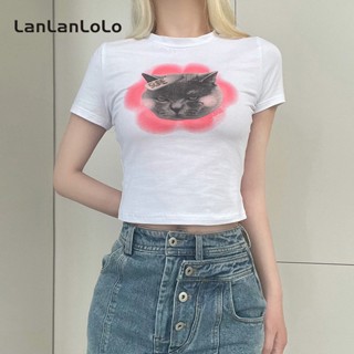 Lanlanlolo เสื้อยืดลําลอง แขนสั้น คอกลม เข้ารูป พิมพ์ลาย แฟชั่นฤดูร้อน สําหรับสตรี 2023