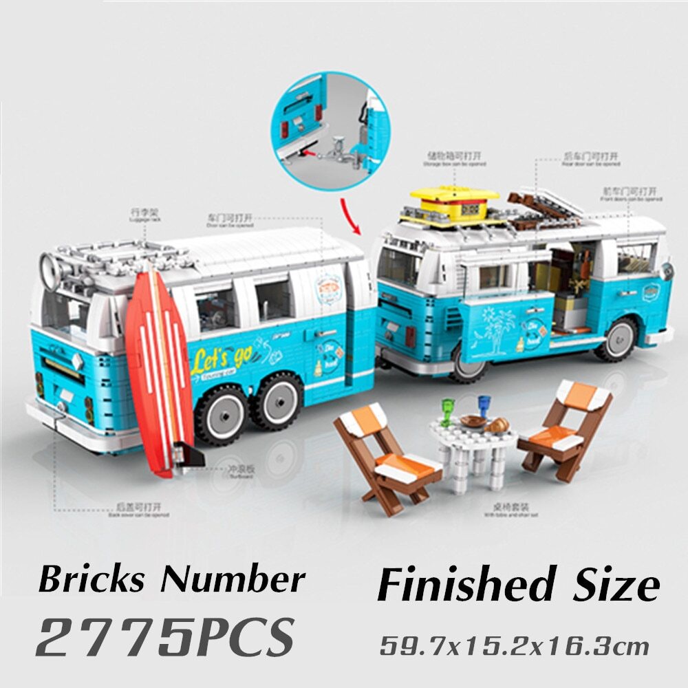 New Classic T2 Travel Trip Bus Camper Car Model Building Blocks DIY Bricks Kid Toys Birthday Gifts B