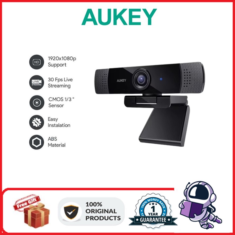 Aukey กล้องเว็บแคม PC-LM1E 1080p พร้อมไมโครโฟนสเตอริโอ เดสก์ท็อป หรือแล็ปท็อป USB สําหรับวิดีโอคอล และบันทึกเสียง