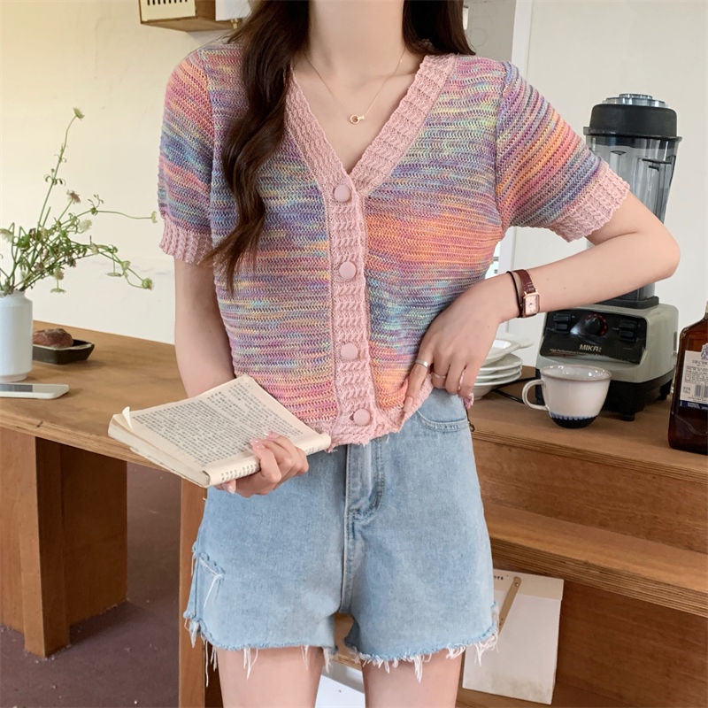 Gugu .L～เสื้อถัก หลากสีคอวีเสื้อแขนสั้นถักนิตติ้ง เวอร์ชั่นเกาหลีอาวุโสอ่อนโยนเก๋ไก๋ระดับไฮเอนด์เสื้อถัก#VL00419