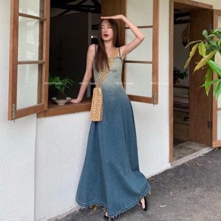 [F & X] ชุดเดรสกระโปรงยีน ยาว เข้ารูป ไล่โทนสี สไตล์เรโทร สํ…