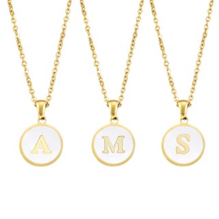 สร้อยคอสแตนเลส  ลายโซ่โอ + จี้กลมเรียบ มุกขาว ตัวอักษร A-Z สีทอง ประดับจี้รูปตัวอักษร สําหรับผู้หญิง SW3301