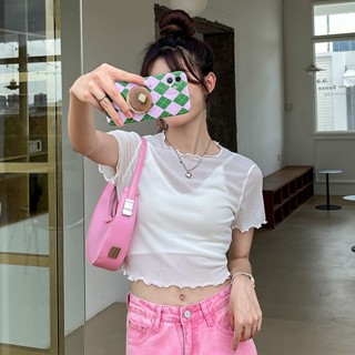 Milyfashion เสื้อยืดแขนสั้น ผ้าโปร่งซีทรู ขอบบาง แต่งลูกไม้ แฟชั่นฤดูร้อน
