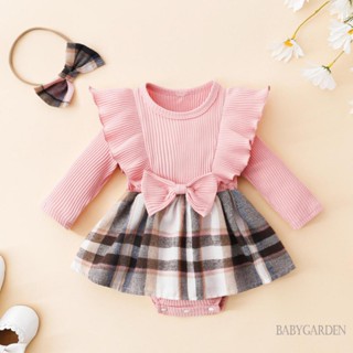 Babygarden-0-18 เดือน ชุดรอมเปอร์ลําลอง แขนยาว ลายสก๊อต สีชมพู พร้อมที่คาดผม ประดับโบว์ สําหรับเด็กผู้หญิง