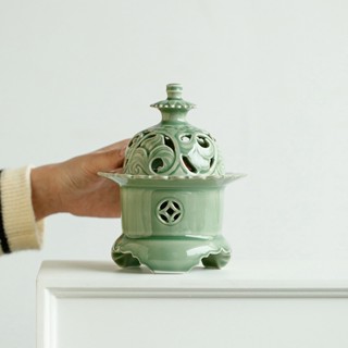 Yue Kiln Celadon Zen กระถางธูปไม้จันทน์ รูปดอกบัว แบบเรียบง่าย สําหรับตกแต่งบ้าน และห้องชา