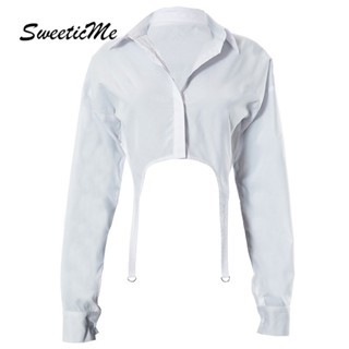 Sweeticme ใหม่ เสื้อครอปลําลอง แขนยาว สีพื้น เข้ากับทุกการแต่งกาย แฟชั่นสําหรับสตรี 2023